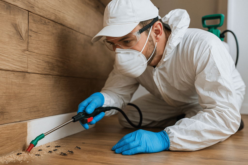 Extermination of carpenter ants by a technician when faced with an active infestation in a residential home