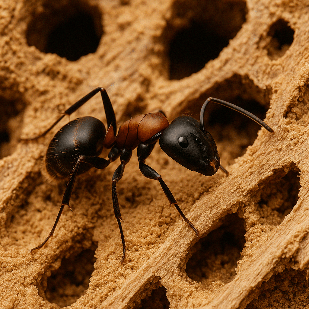 Visible damage caused by carpenter ant infestation in structural wood